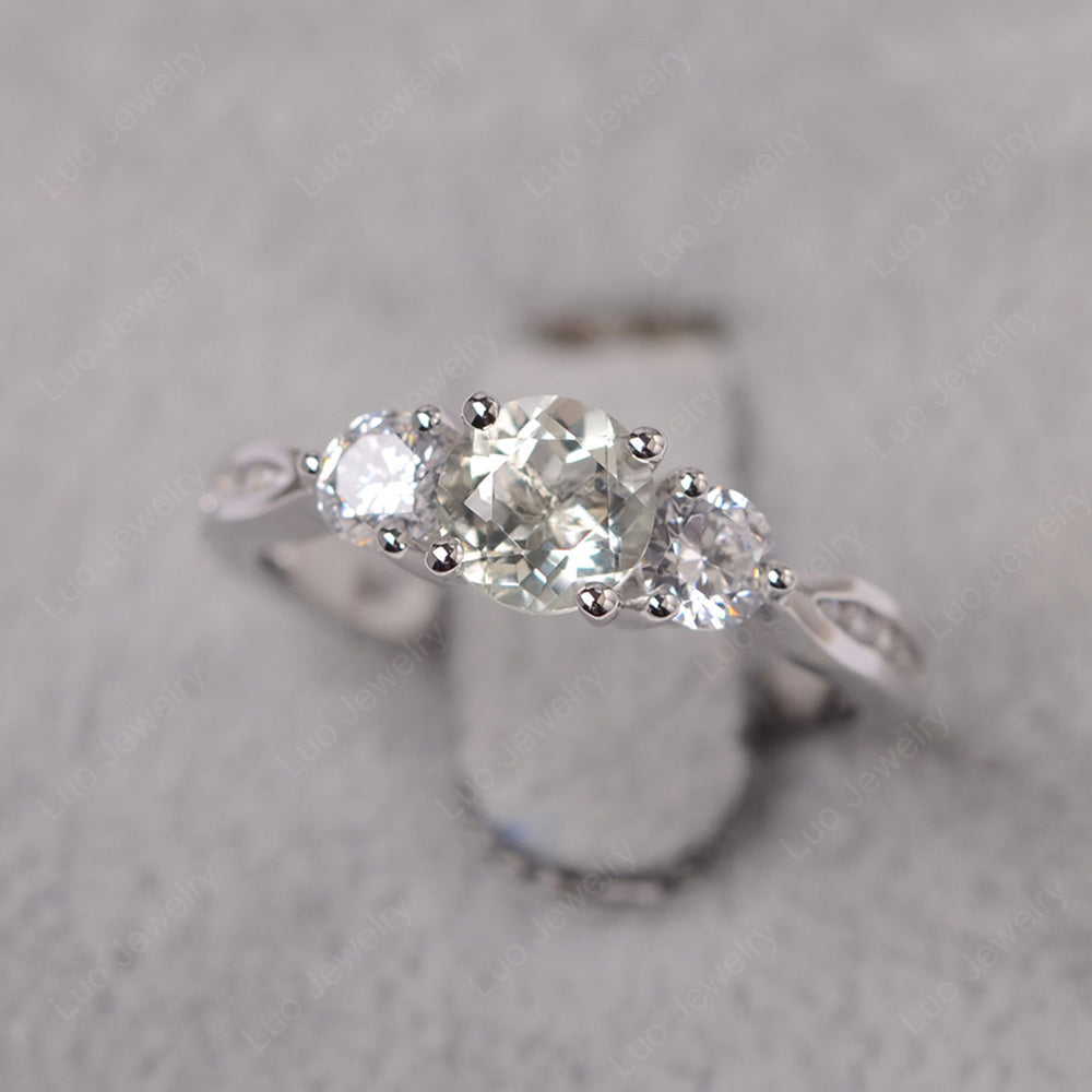 Green Amethyst Ring Three Stone Engagement Ring - LUO Jewelry