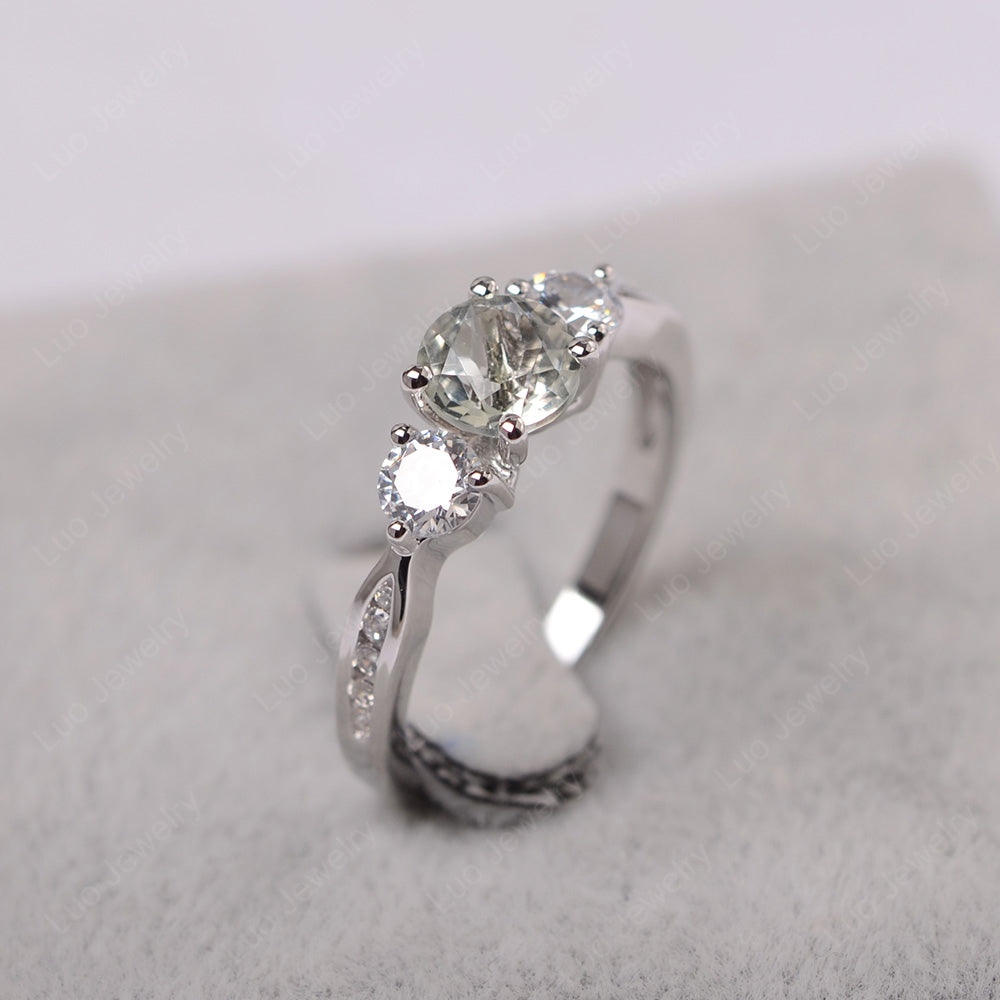 Green Amethyst Ring Three Stone Engagement Ring - LUO Jewelry