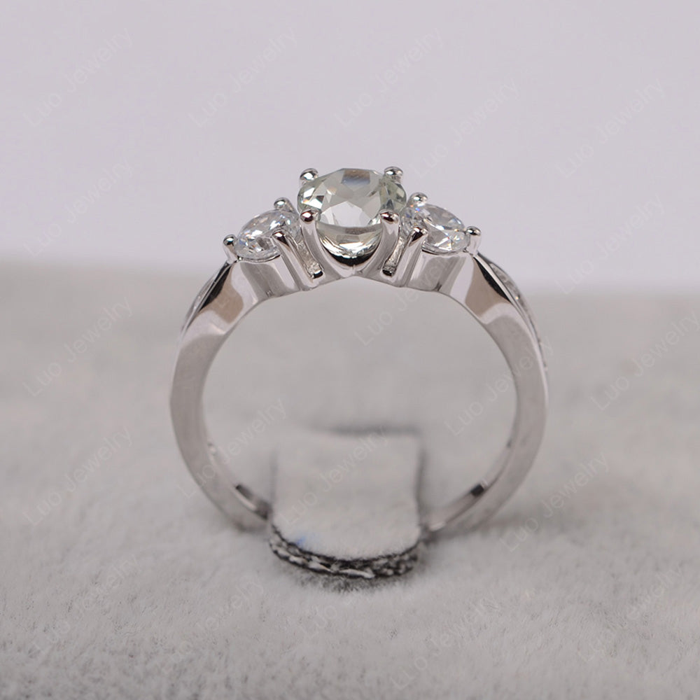Green Amethyst Ring Three Stone Engagement Ring - LUO Jewelry