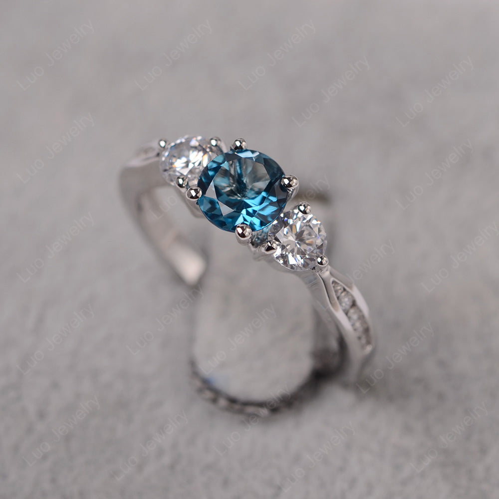 London Blue Topaz Ring Three Stone Engagement Ring - LUO Jewelry