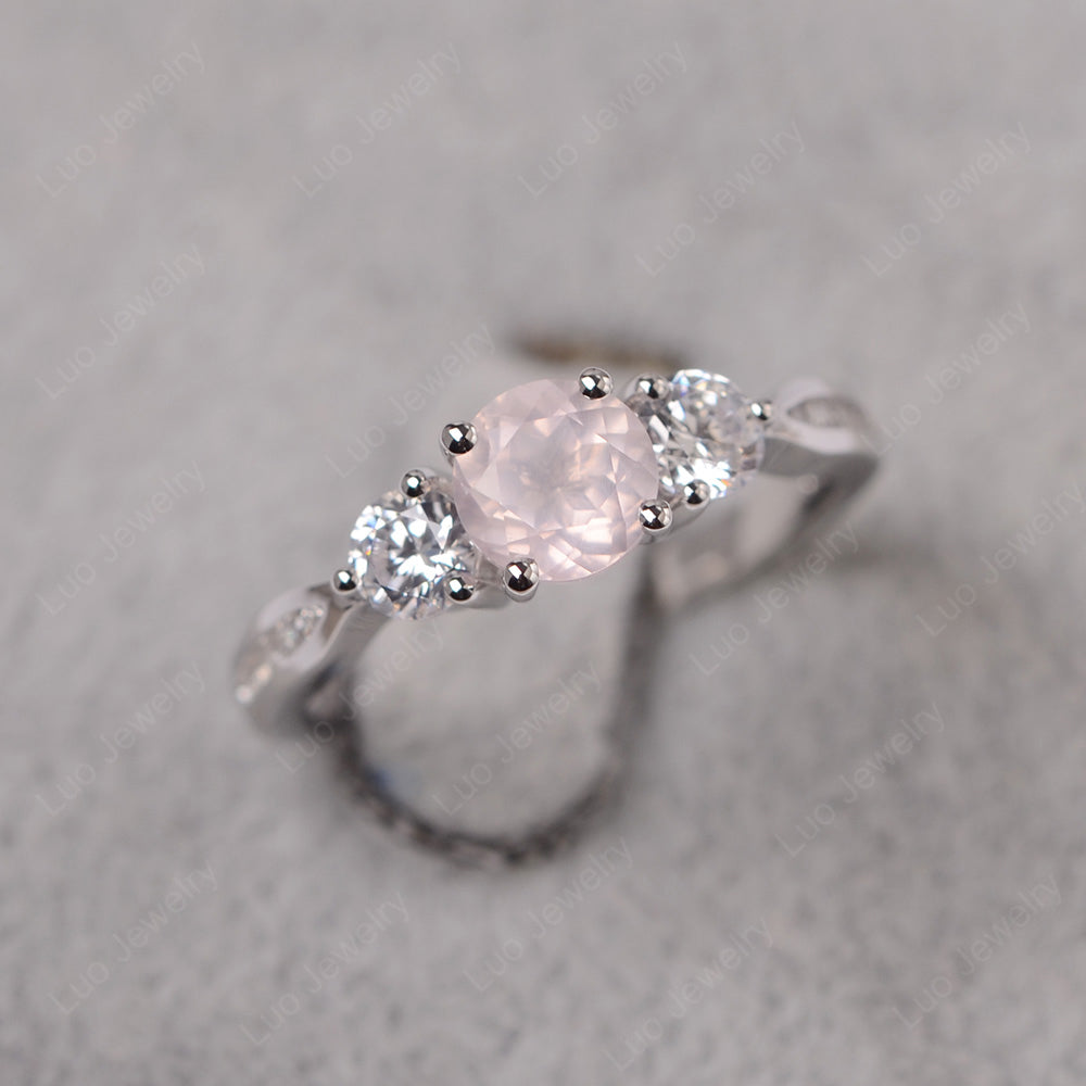 Rose Quartz Ring Three Stone Engagement Ring - LUO Jewelry