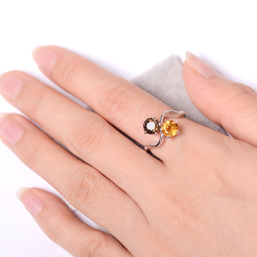2 Stone Solitaire Citrine and Smoky Quartz Ring - LUO Jewelry