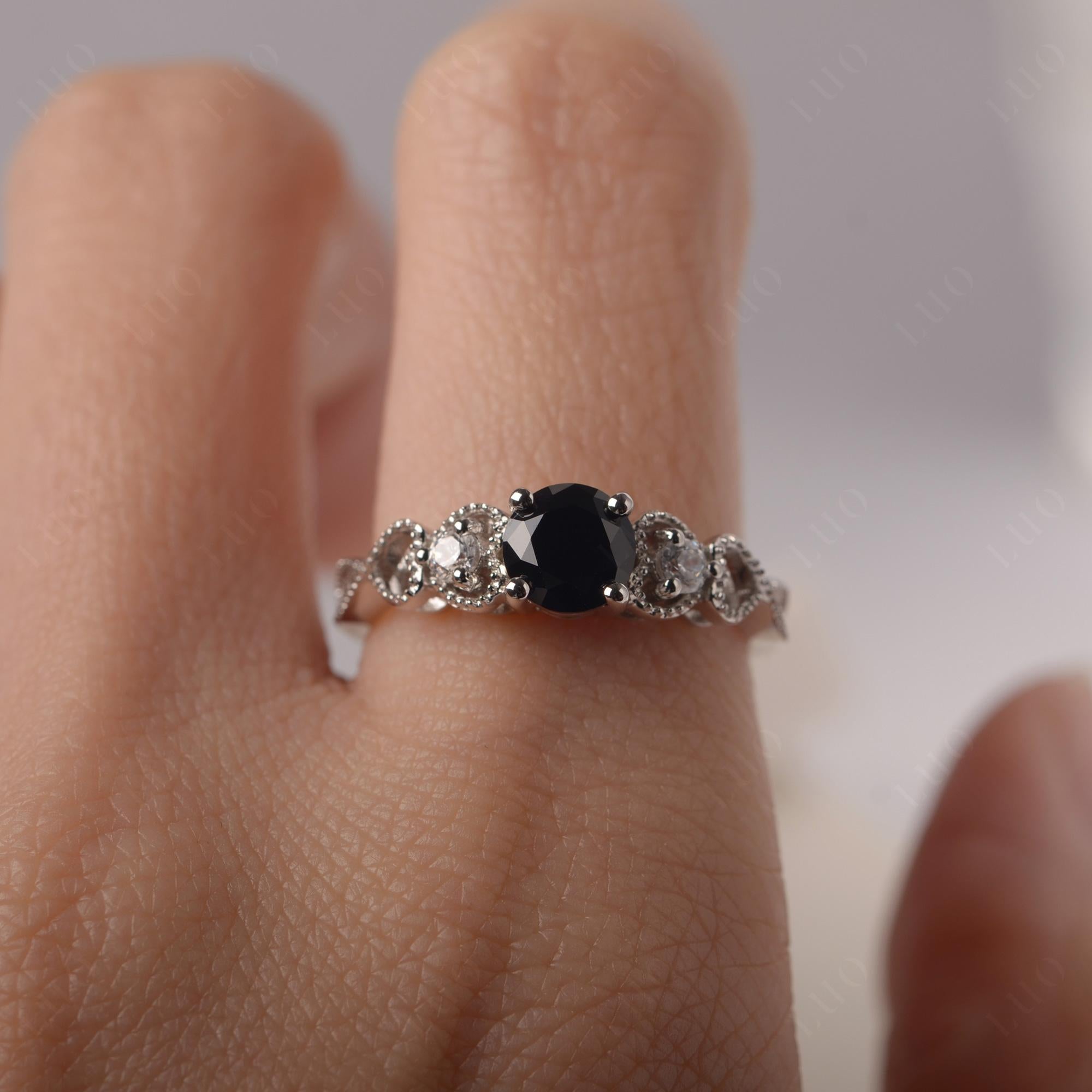 Black Stone Vintage Style Engagement Ring - LUO Jewelry