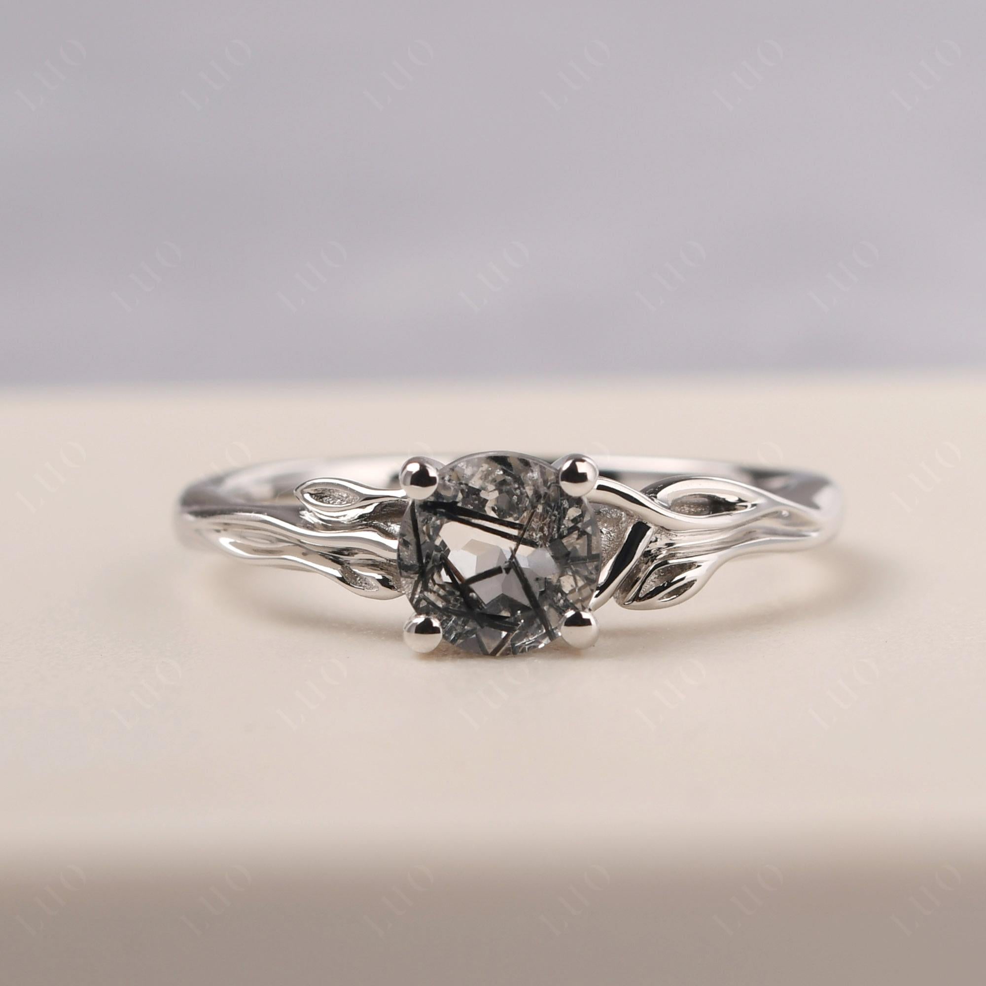 Petite Black Rutilated Quartz Tender Leaf Ring - LUO Jewelry