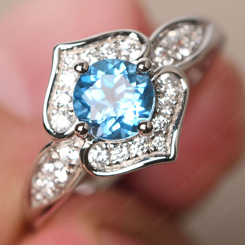 Round Cut Swiss Blue Topaz Dainty Engagement Ring - LUO Jewelry