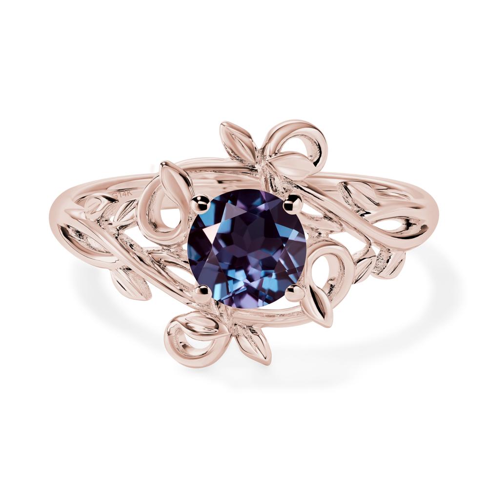 Round Cut Lab Alexandrite Leaf Ring - LUO Jewelry #metal_14k rose gold