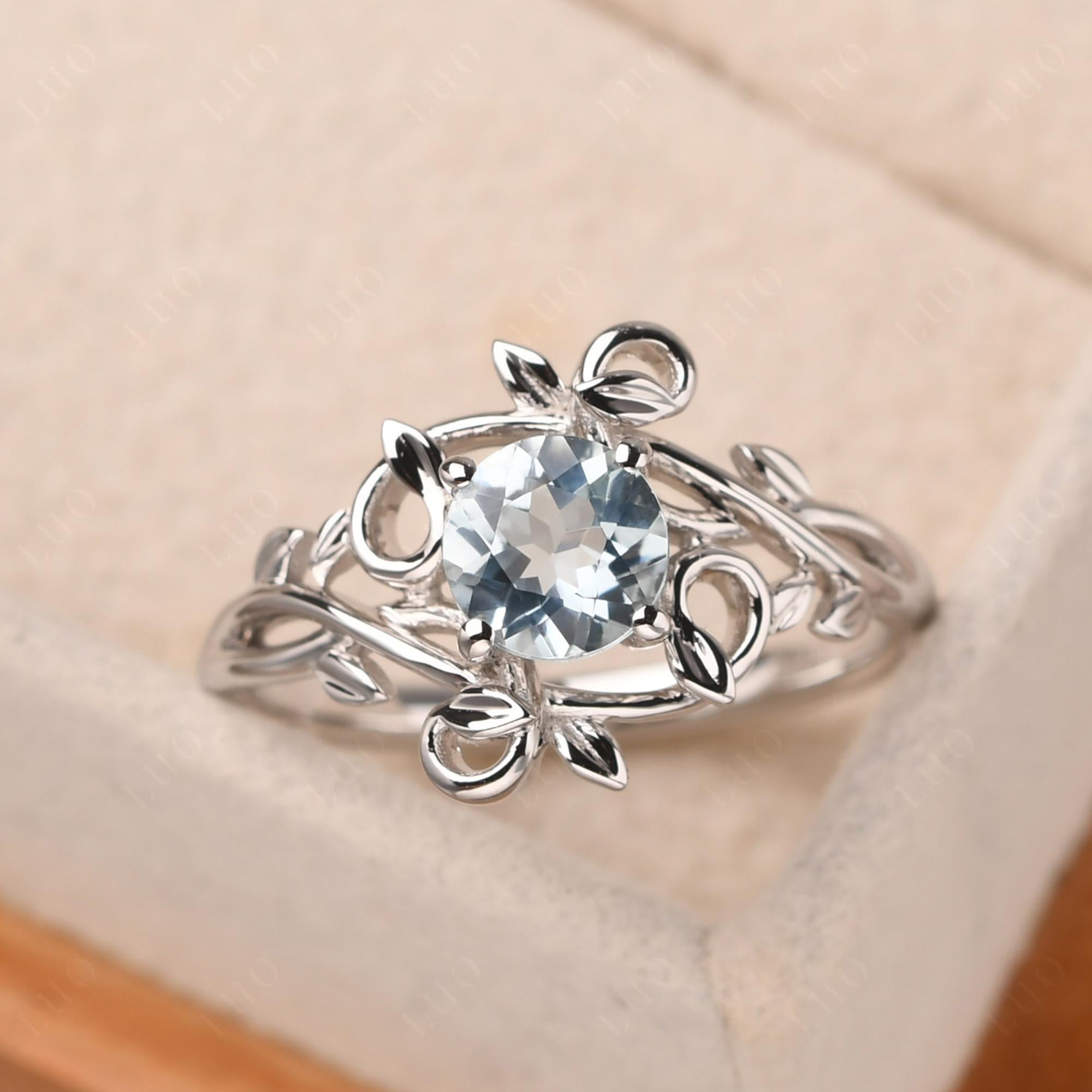 Round Cut Aquamarine Leaf Ring - LUO Jewelry