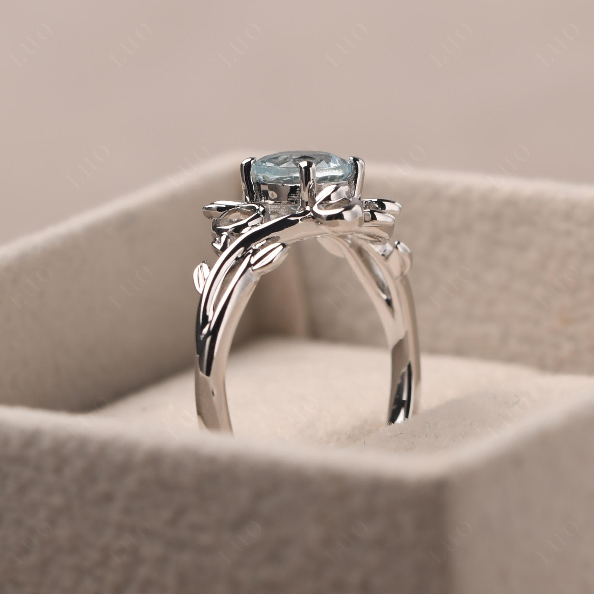 Round Cut Aquamarine Leaf Ring - LUO Jewelry
