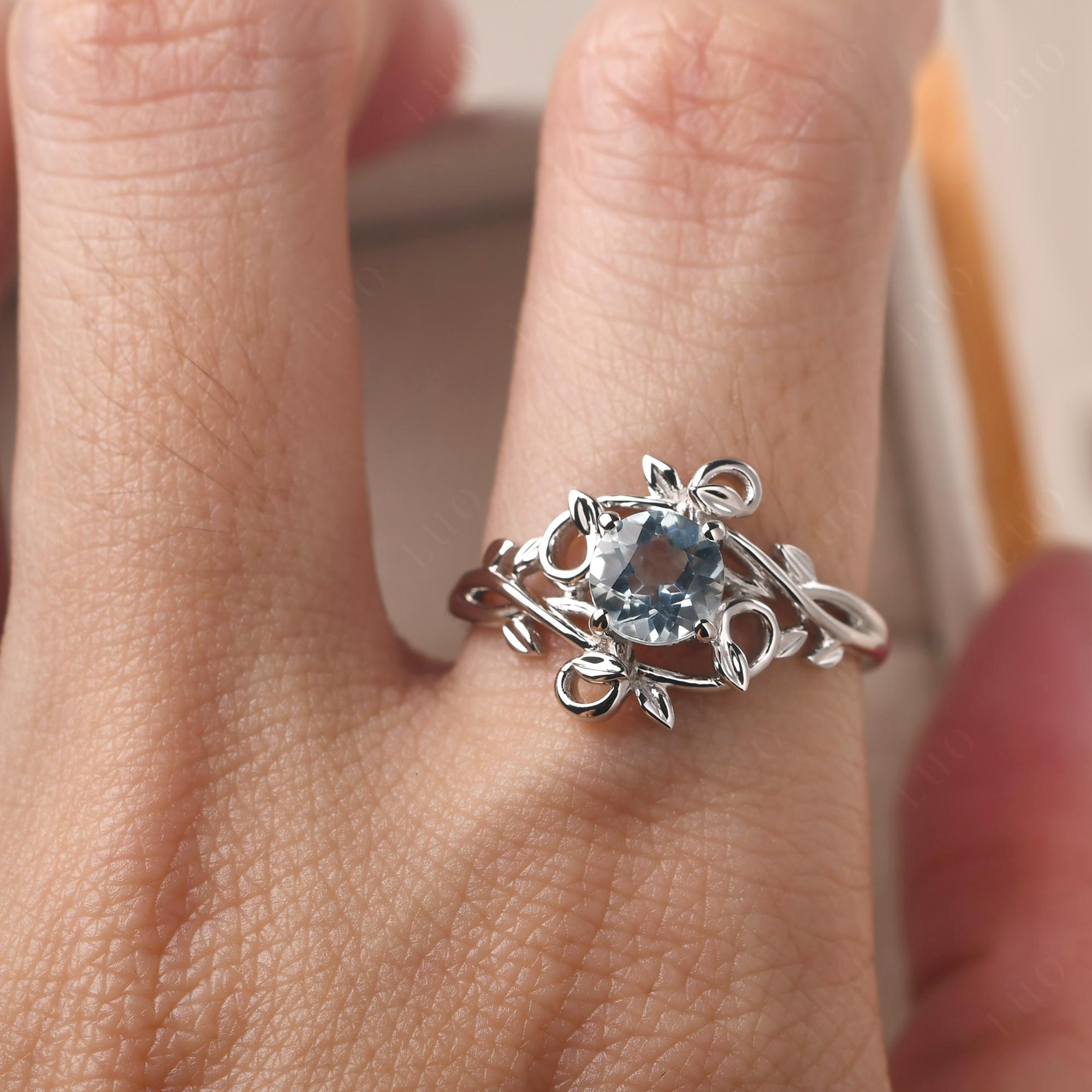 Round Cut Aquamarine Leaf Ring - LUO Jewelry