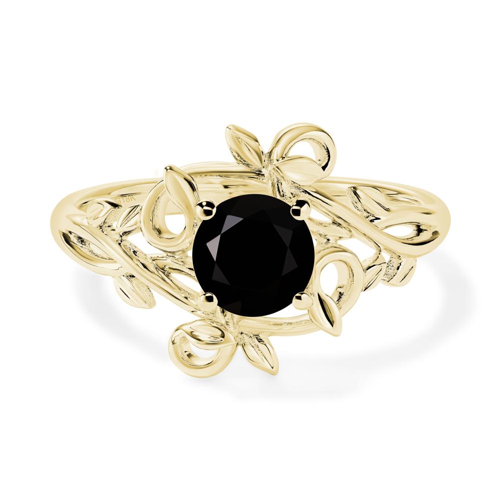 Round Cut Black Stone Leaf Ring - LUO Jewelry #metal_18k yellow gold