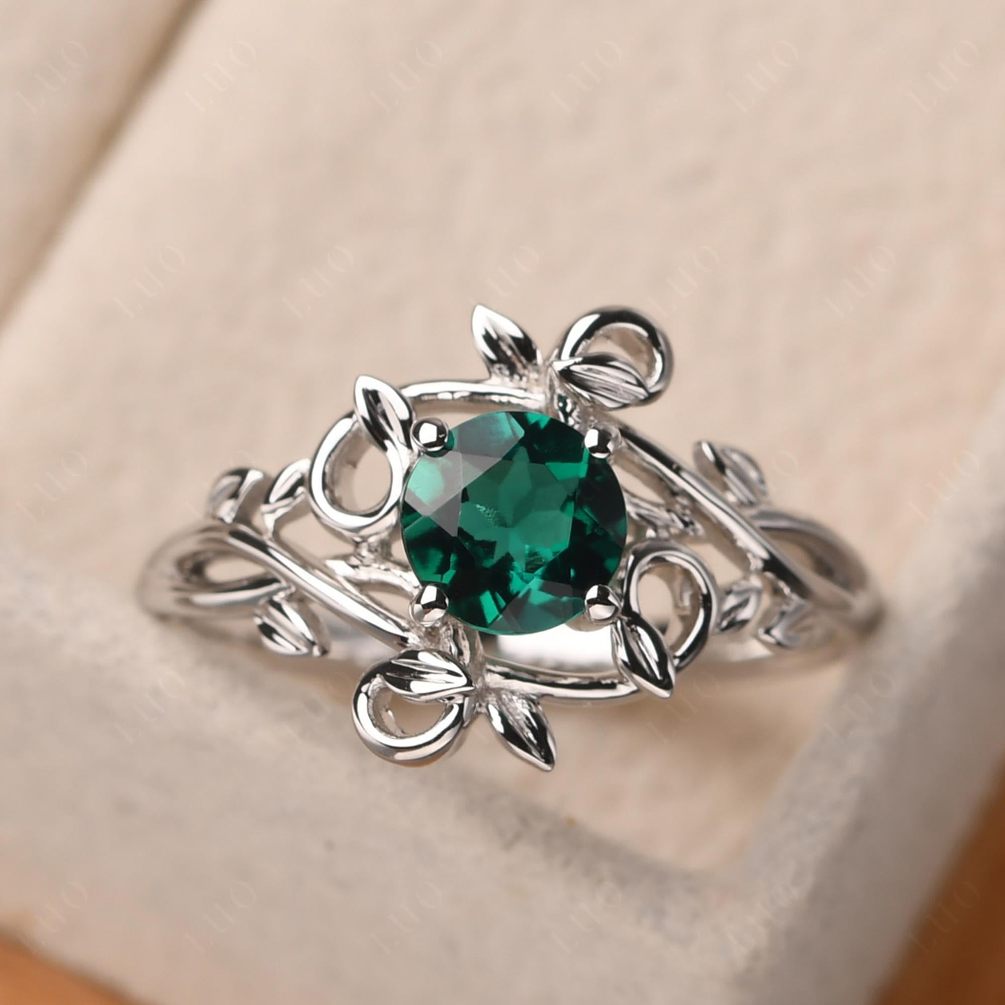 Round Cut Lab Grown Emerald Leaf Ring - LUO Jewelry
