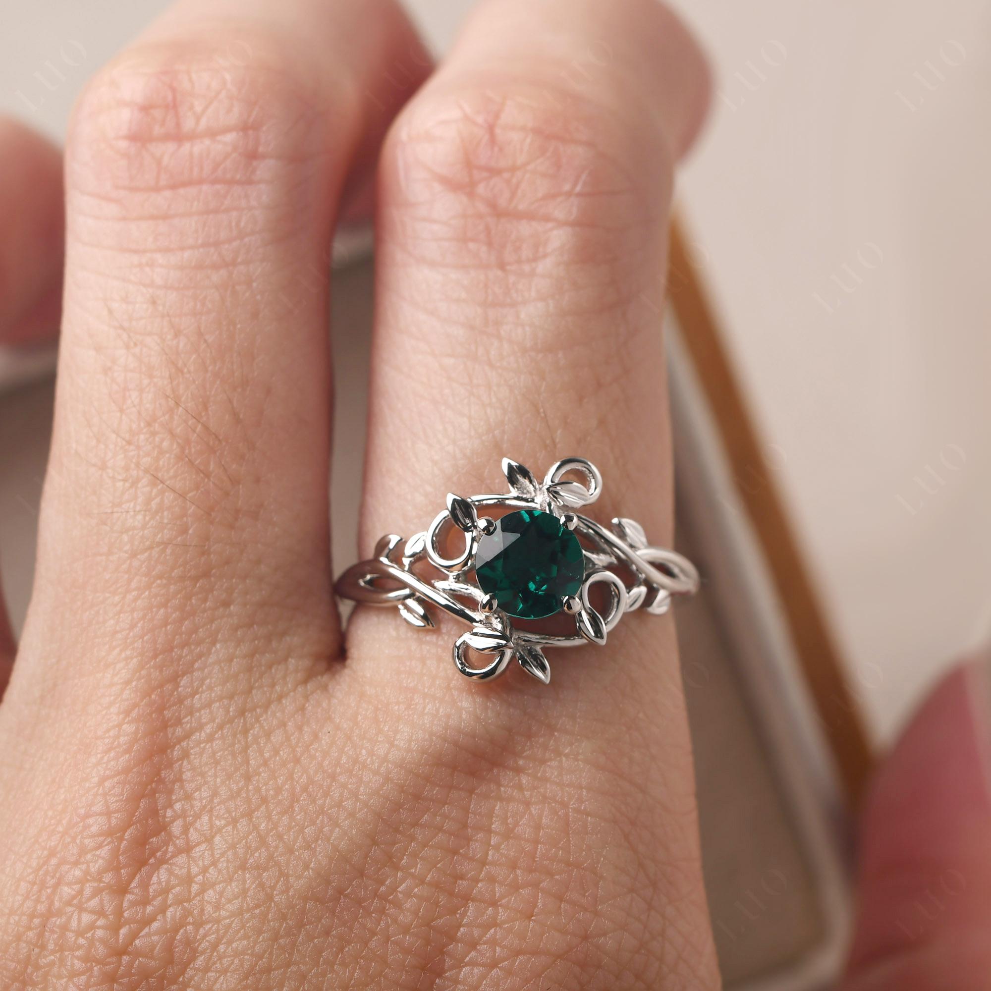 Round Cut Lab Grown Emerald Leaf Ring - LUO Jewelry