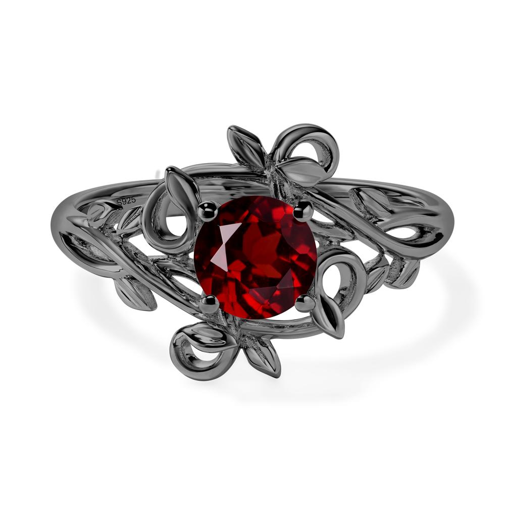 Round Cut Garnet Leaf Ring - LUO Jewelry #metal_black finish sterling silver