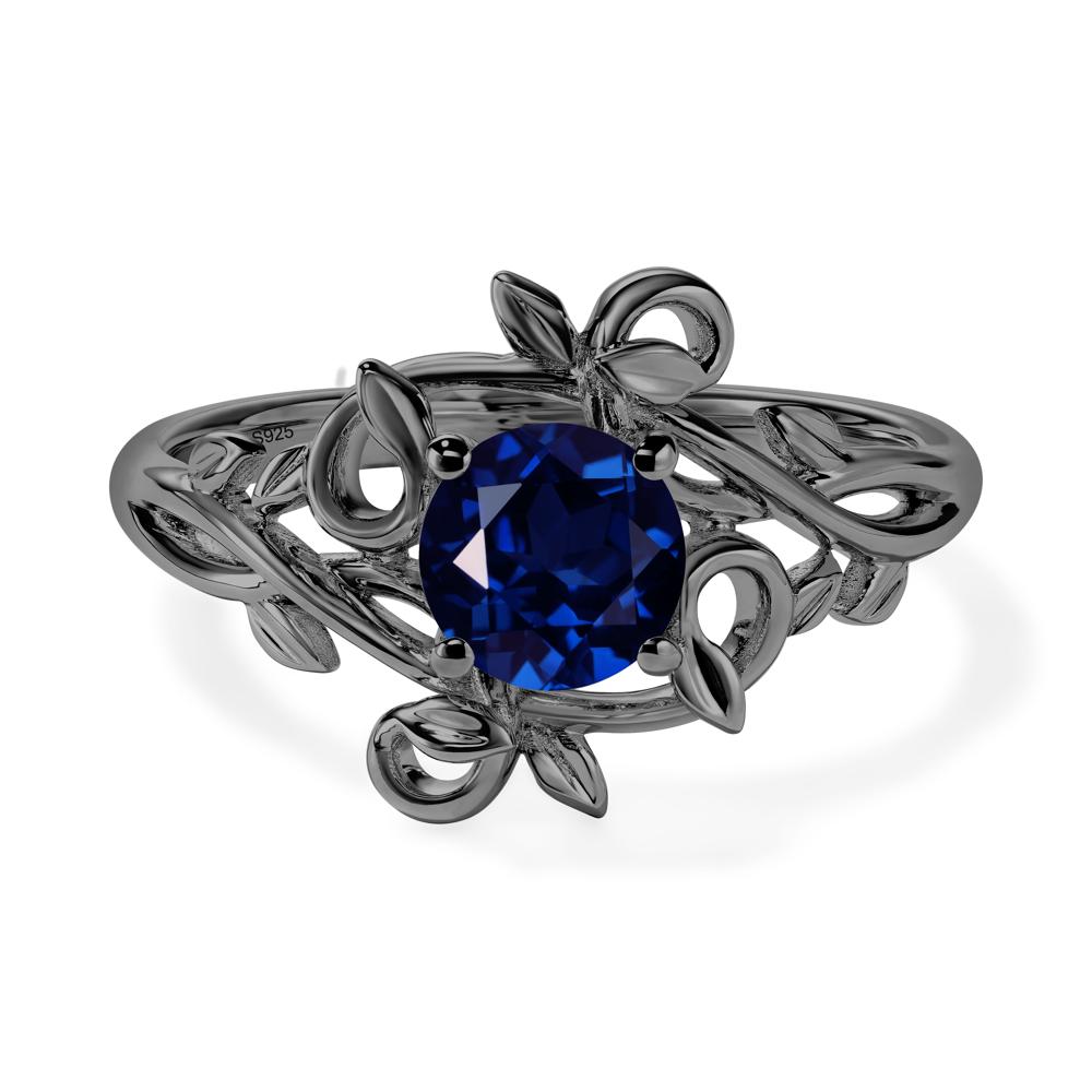 Round Cut Lab Sapphire Leaf Ring - LUO Jewelry #metal_black finish sterling silver