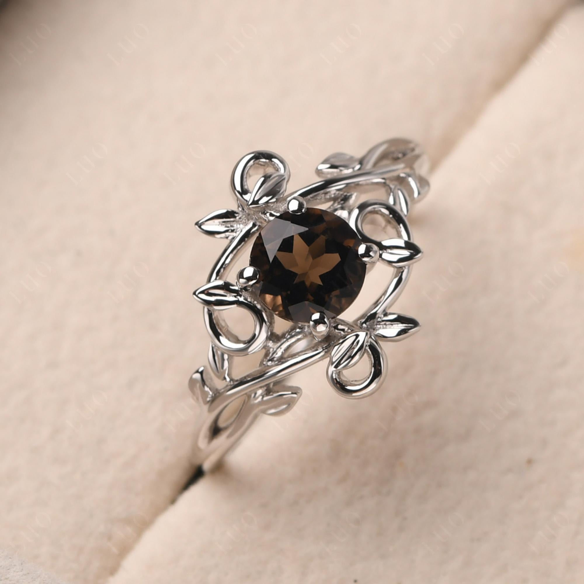 Round Cut Smoky Quartz Leaf Ring - LUO Jewelry