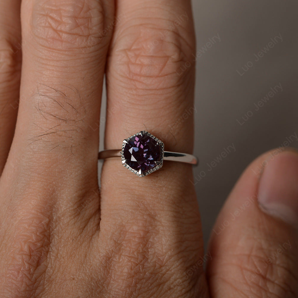 Alexandrite Hexagon Solitaire Engagement Ring - LUO Jewelry