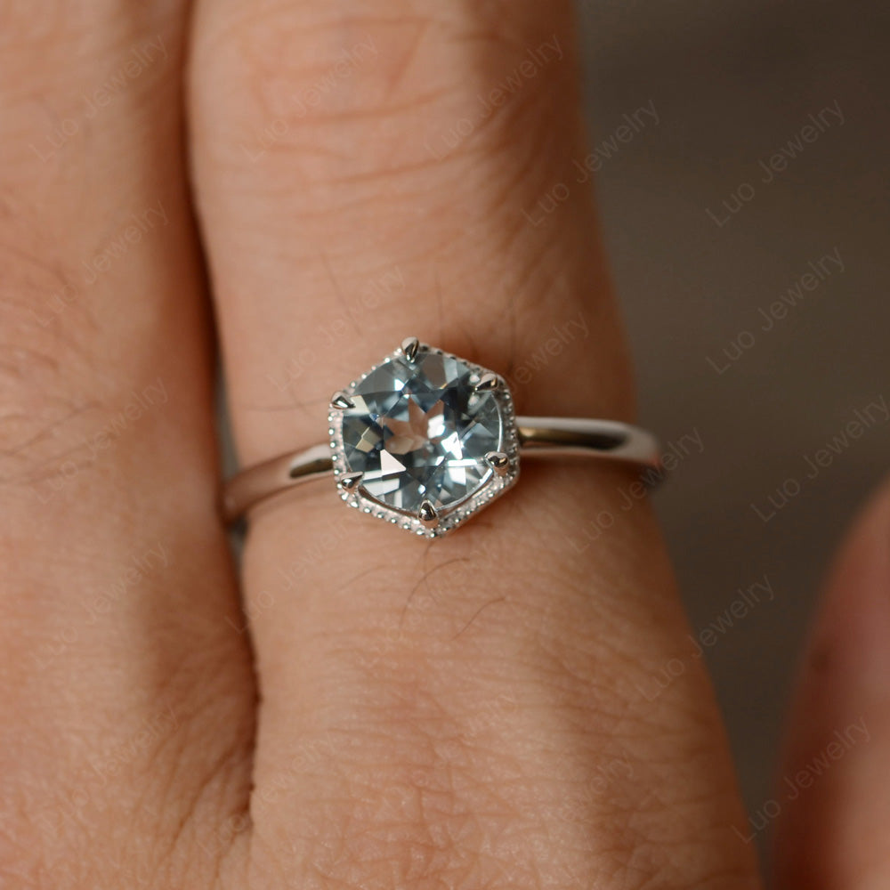 Aquamarine Hexagon Solitaire Engagement Ring - LUO Jewelry