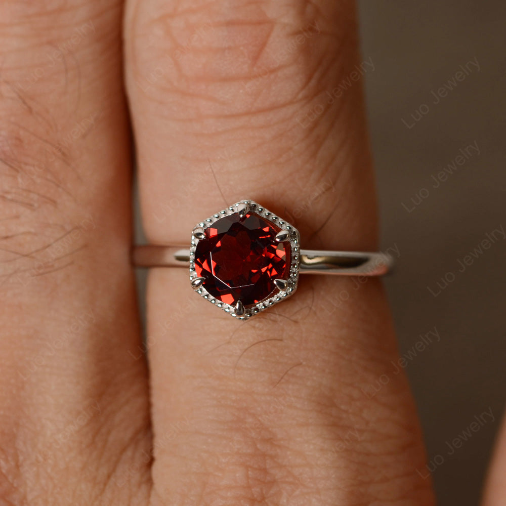 Garnet Hexagon Solitaire Engagement Ring - LUO Jewelry