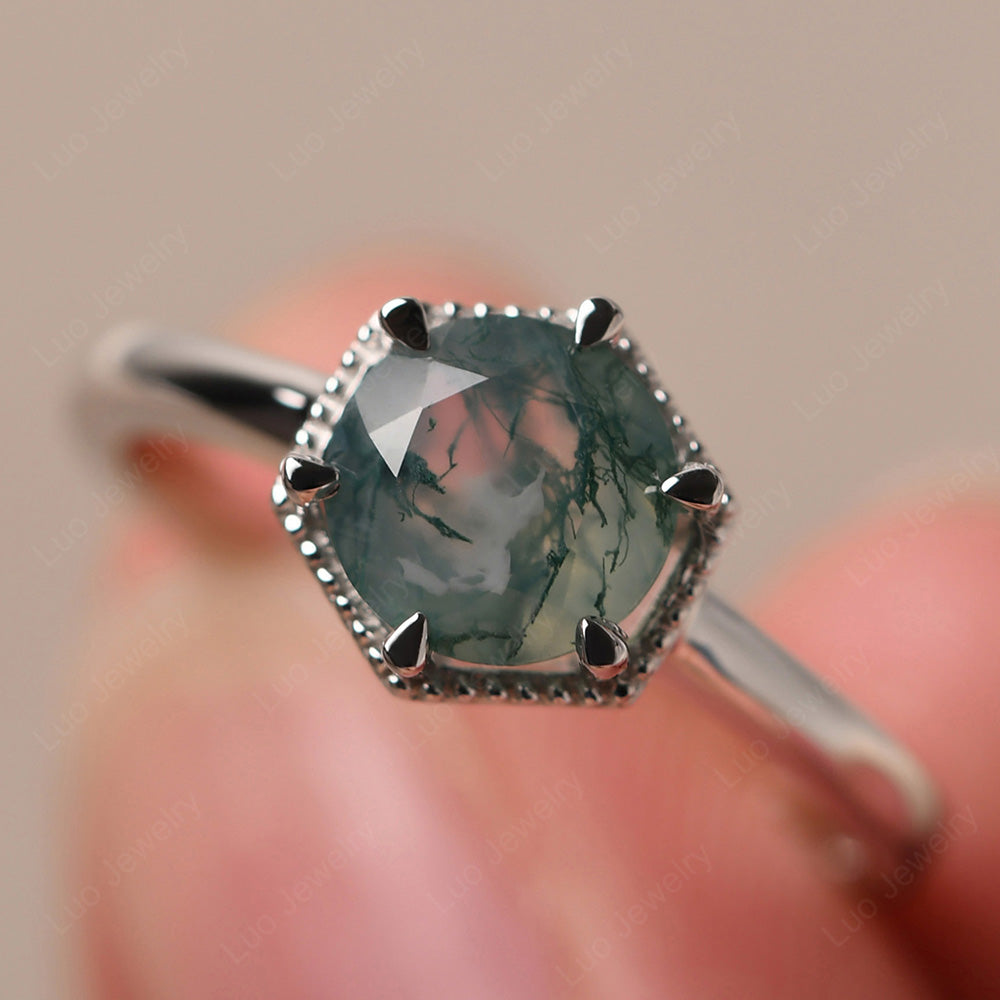Moss Agate Hexagon Solitaire Engagement Ring - LUO Jewelry