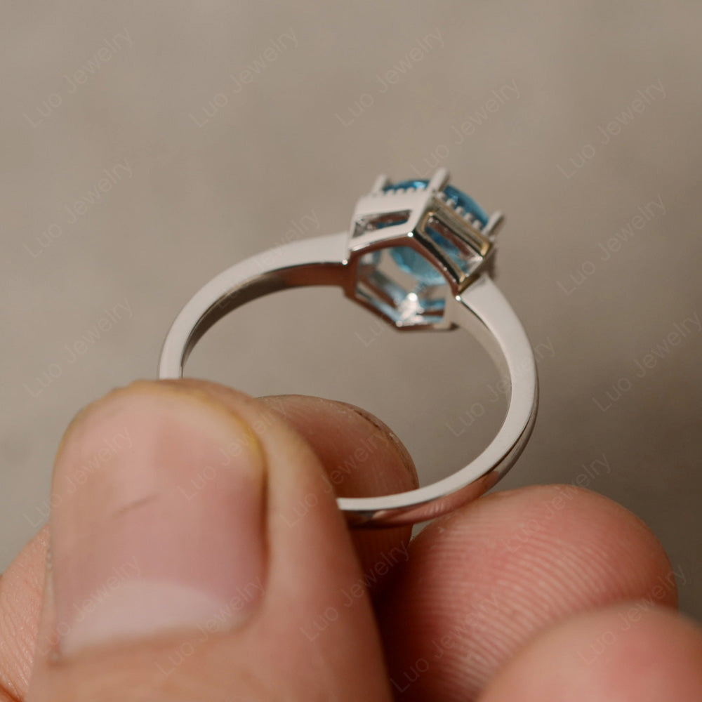 Swiss Blue Topaz Hexagon Solitaire Engagement Ring - LUO Jewelry