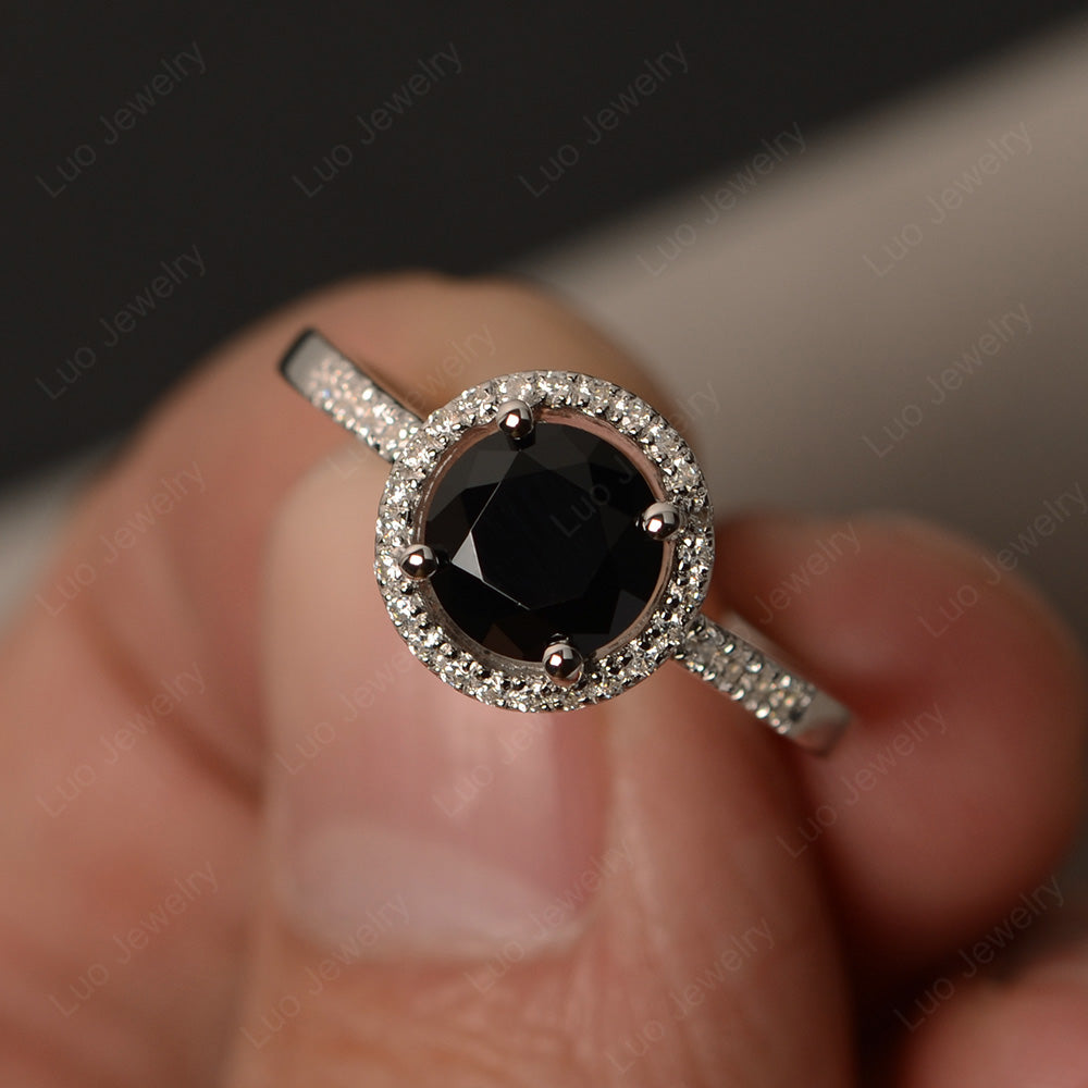 Round Brilliant Black Stone Halo Engagement Ring - LUO Jewelry