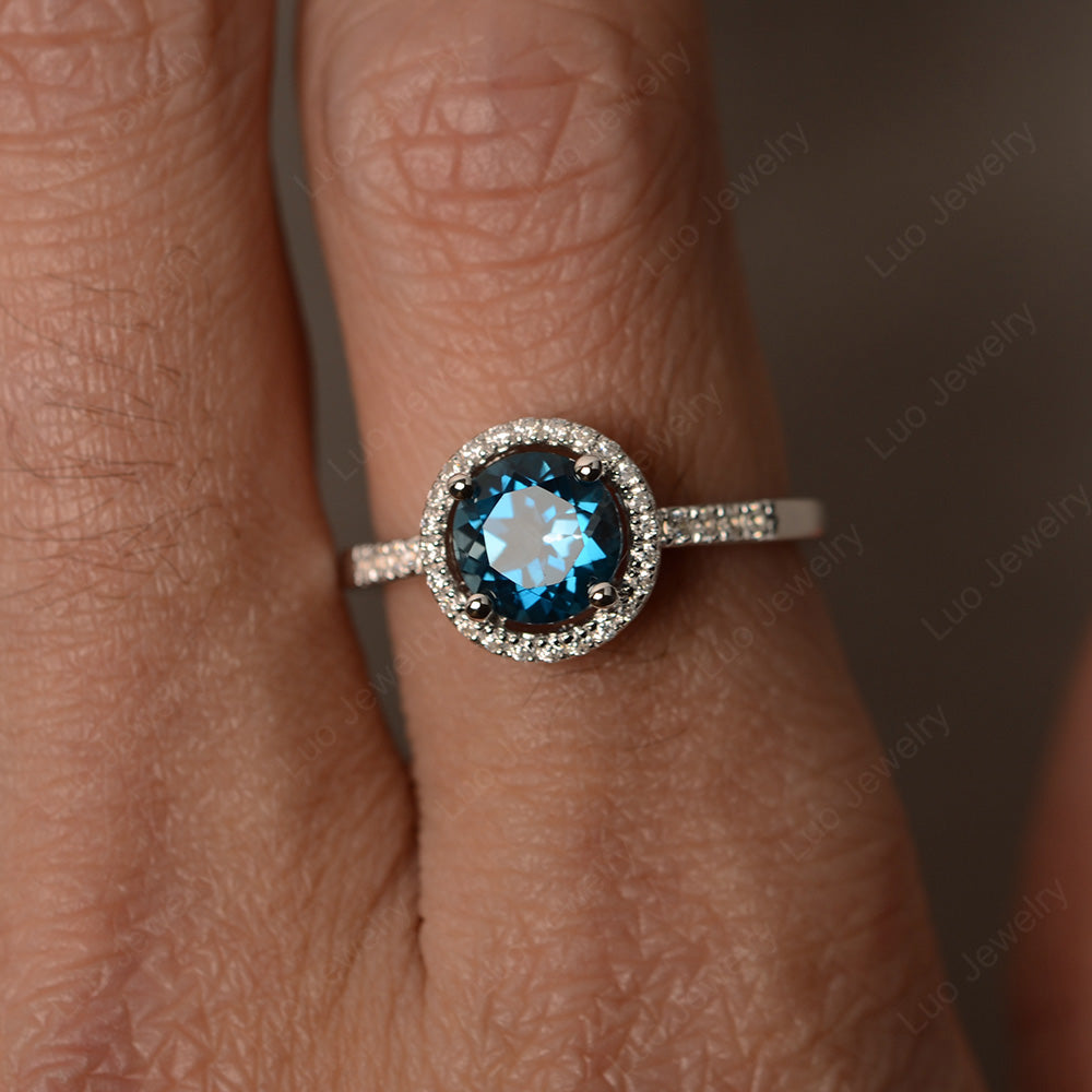 Round Brilliant London Blue Topaz Halo Engagement Ring - LUO Jewelry