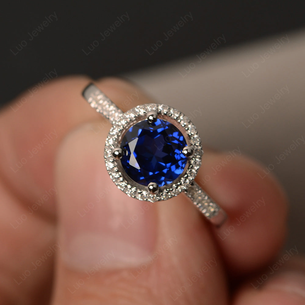 Round Brilliant Lab Sapphire Halo Engagement Ring - LUO Jewelry