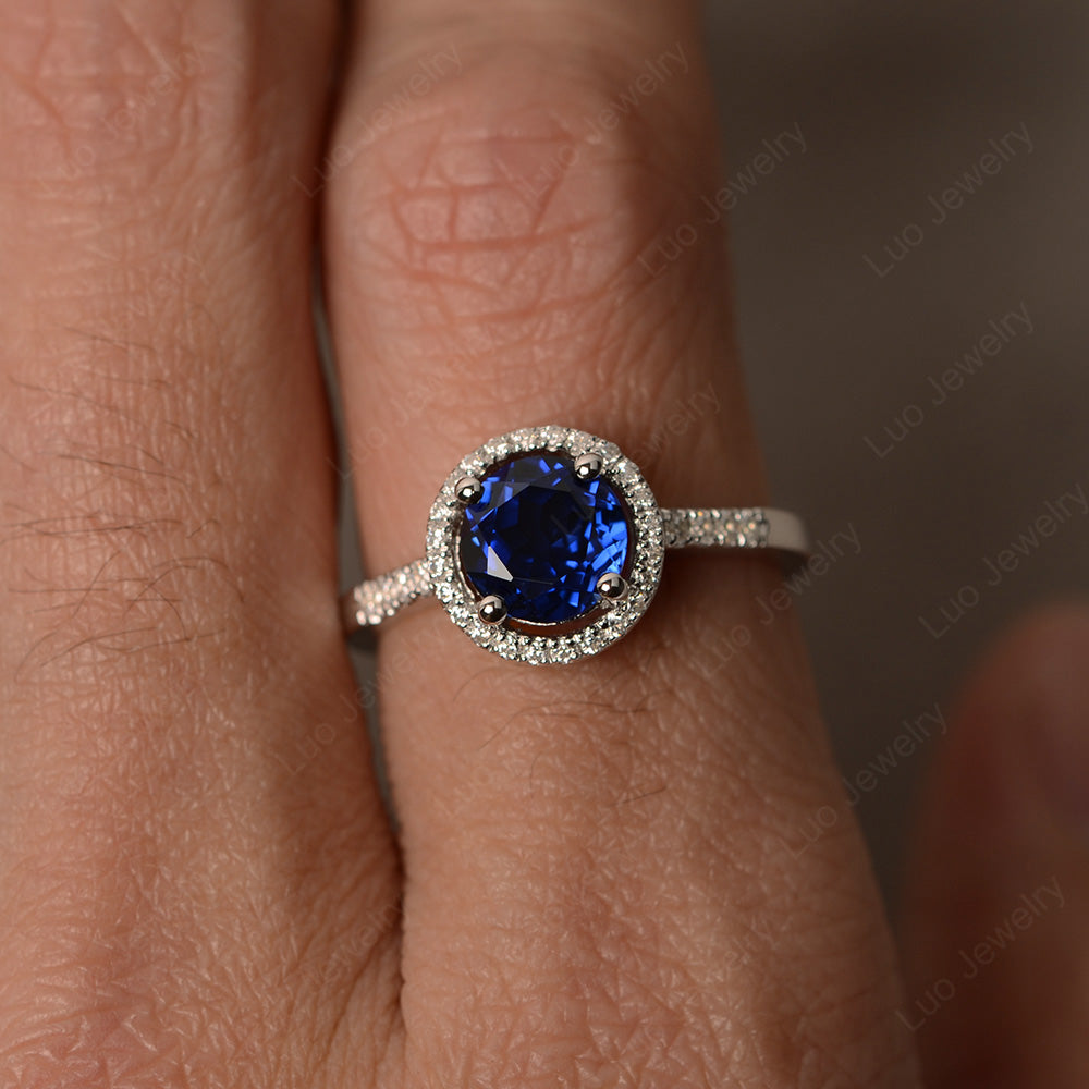 Round Brilliant Lab Sapphire Halo Engagement Ring - LUO Jewelry