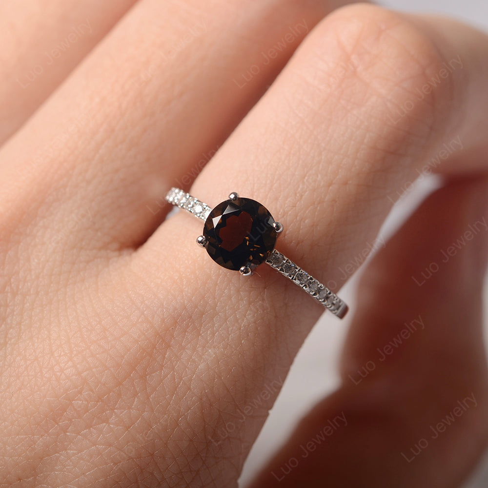 Smoky Quartz Wedding Ring Round Cut Sterling Silver - LUO Jewelry