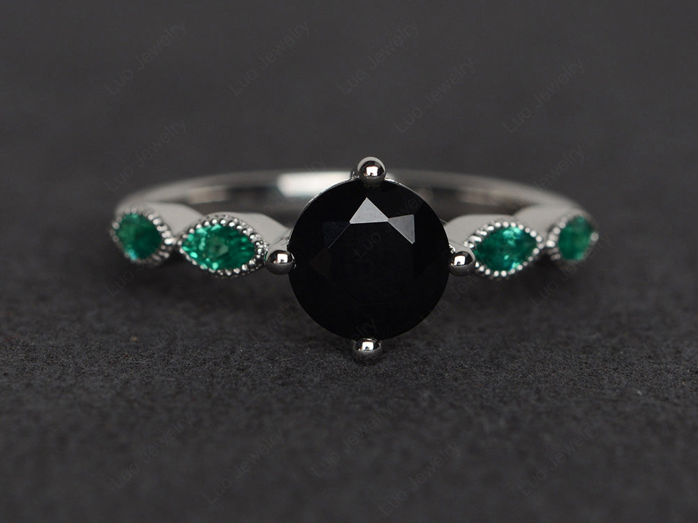 Kite Set Round Cut Black Stone Engagement Ring - LUO Jewelry
