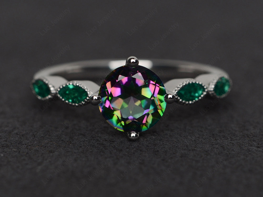 Kite Set Round Cut Mystic Topaz Engagement Ring - LUO Jewelry
