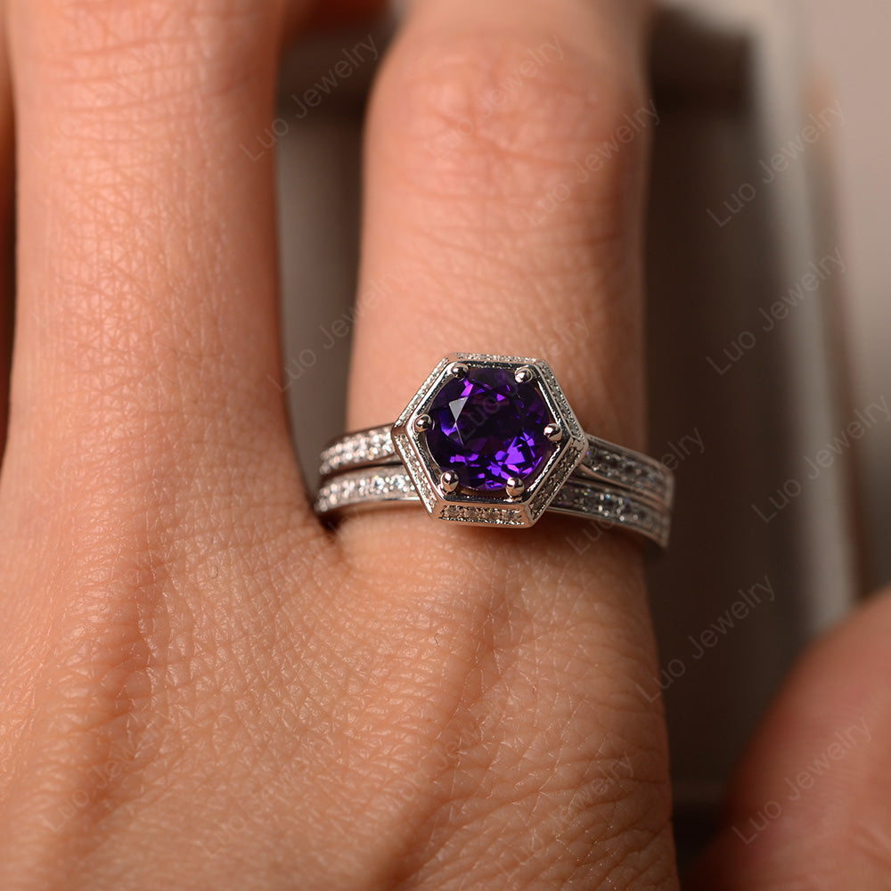 Amethyst Bridal Set Hexagon Engagement Ring - LUO Jewelry