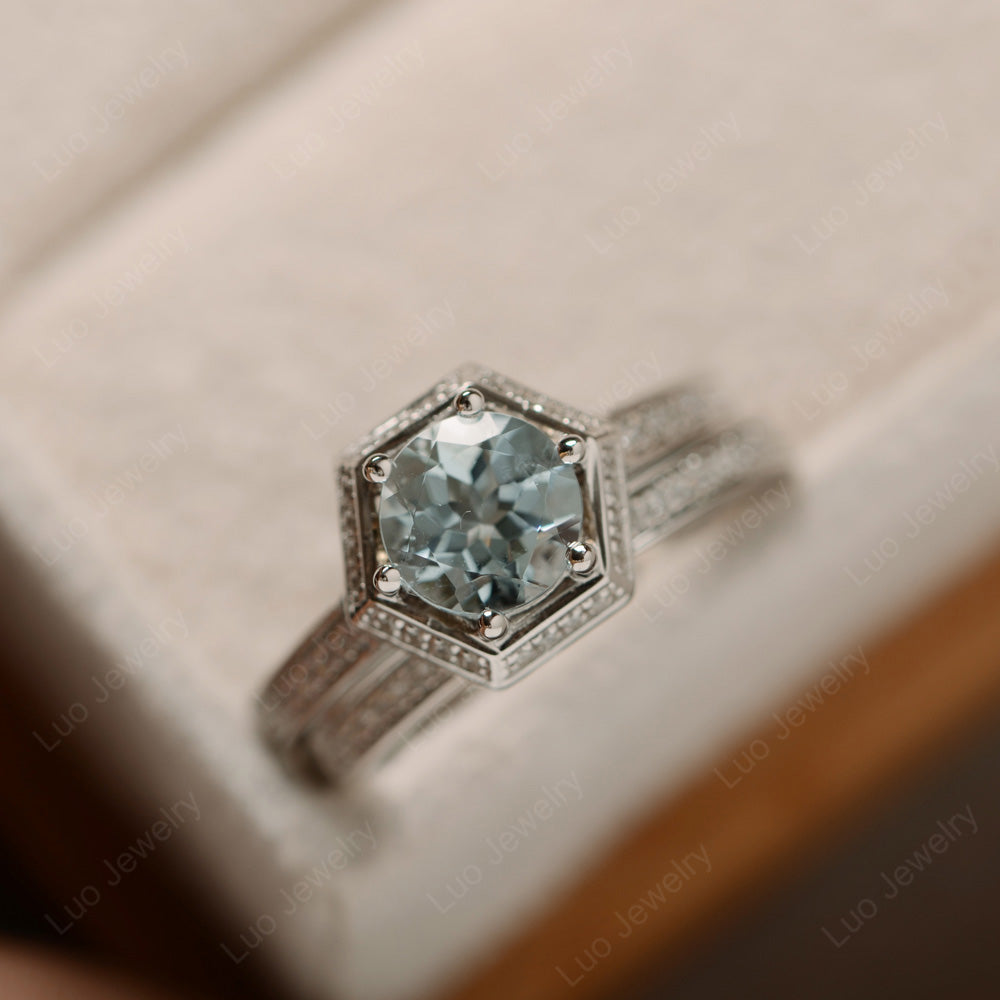 Aquamarine Bridal Set Hexagon Engagement Ring - LUO Jewelry