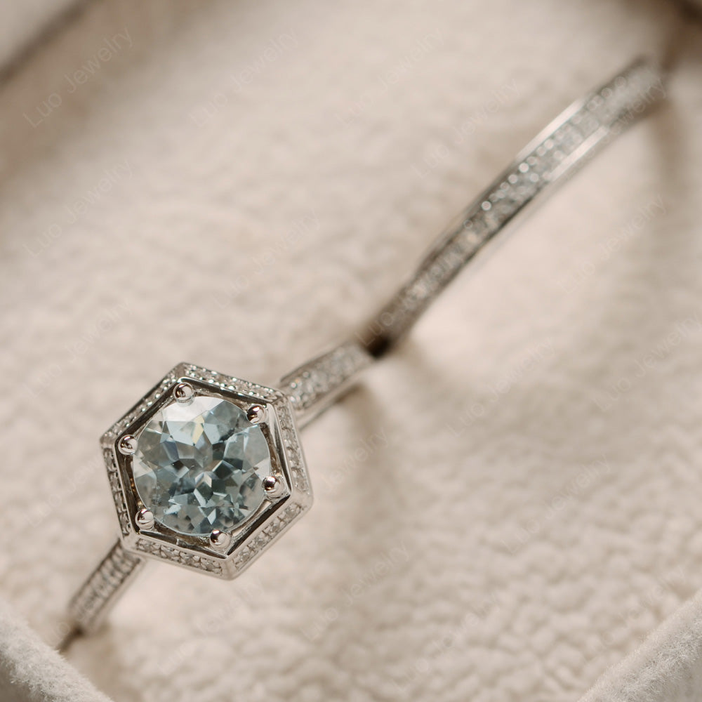 Aquamarine Bridal Set Hexagon Engagement Ring - LUO Jewelry