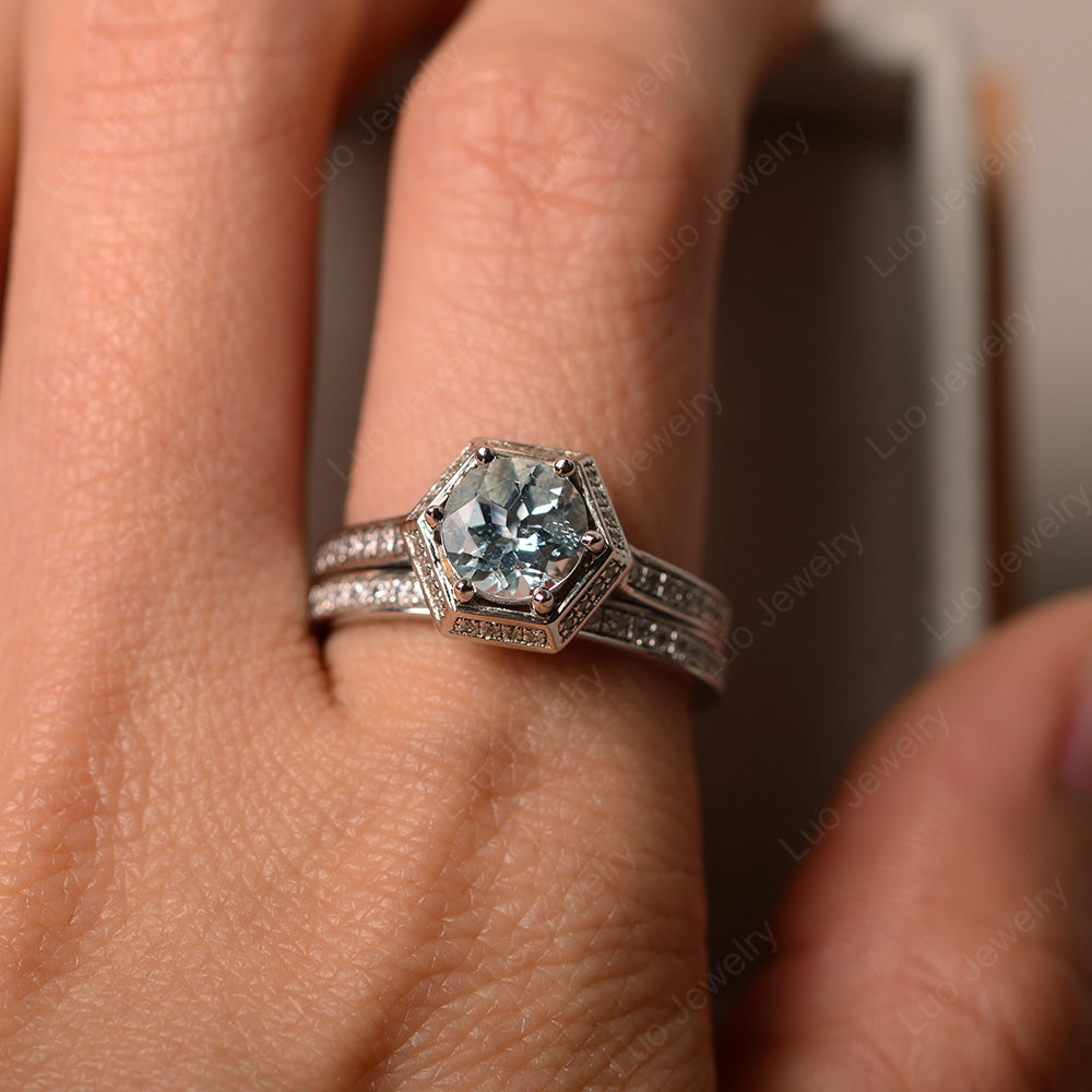 Aquamarine Bridal Set Hexagon Engagement Ring - LUO Jewelry