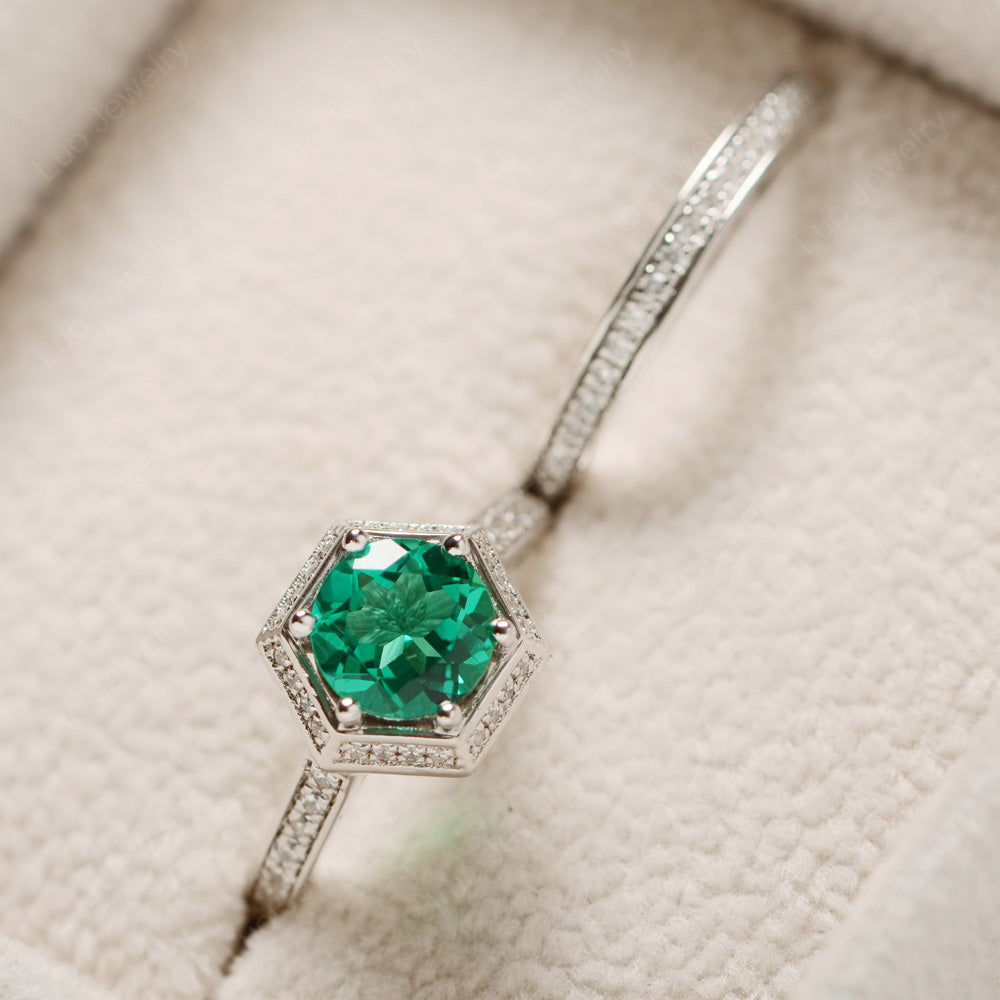 Lab Emerald Bridal Set Hexagon Engagement Ring - LUO Jewelry