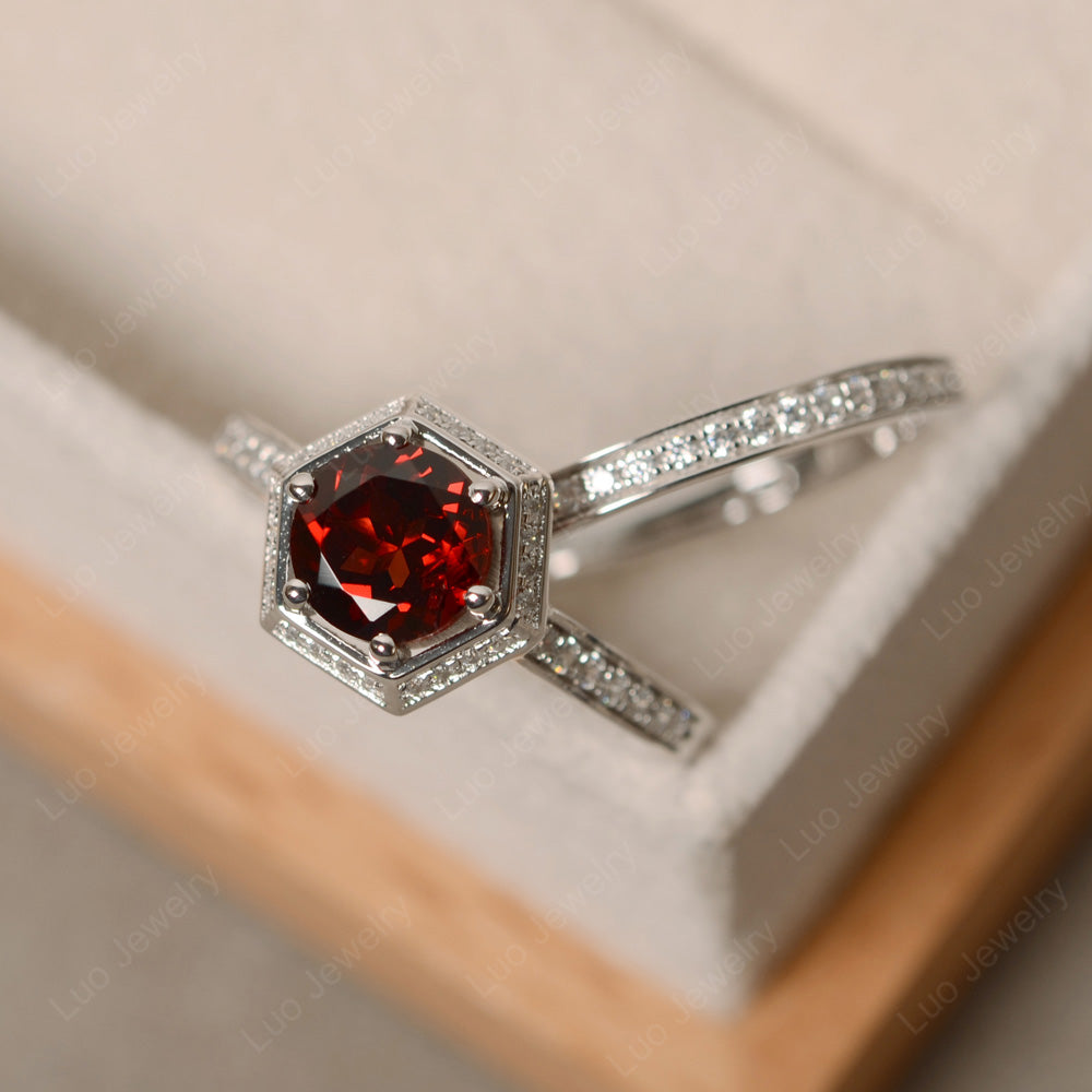 Garnet Bridal Set Hexagon Engagement Ring - LUO Jewelry