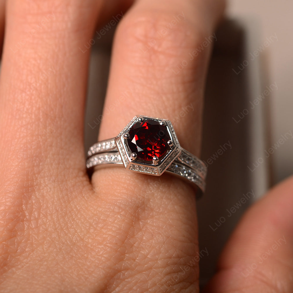 Garnet Bridal Set Hexagon Engagement Ring - LUO Jewelry