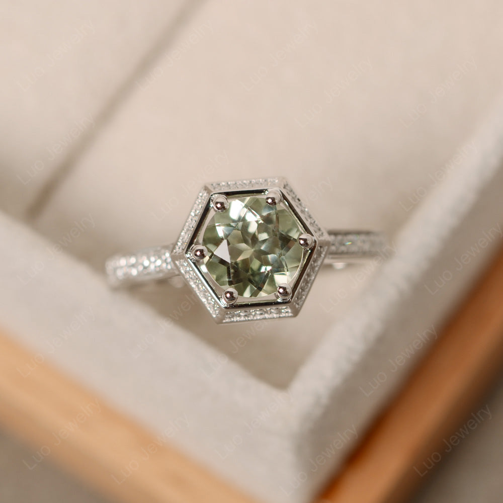 Green Amethyst Bridal Set Hexagon Engagement Ring - LUO Jewelry