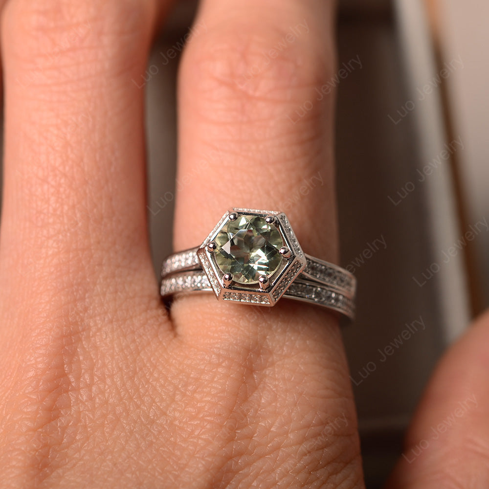 Green Amethyst Bridal Set Hexagon Engagement Ring - LUO Jewelry