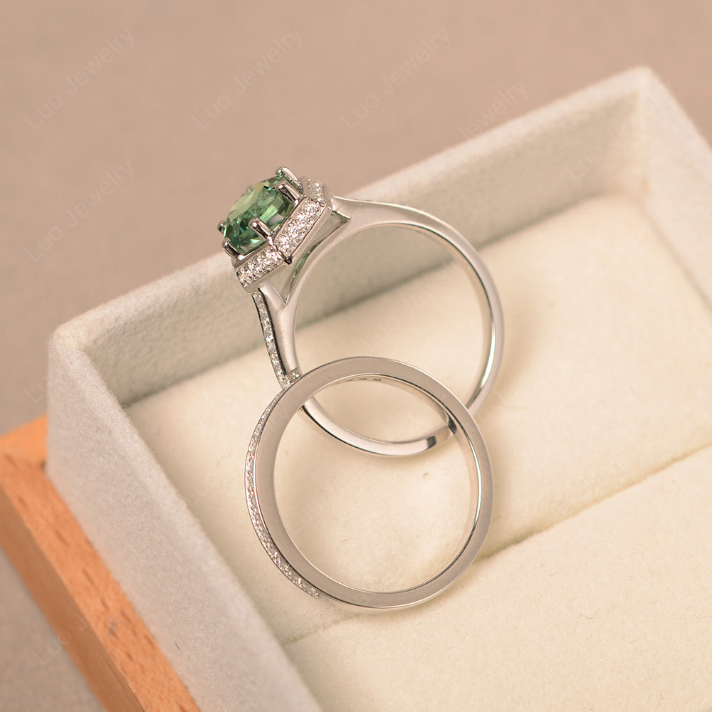 Green Sapphire Bridal Set Hexagon Engagement Ring - LUO Jewelry