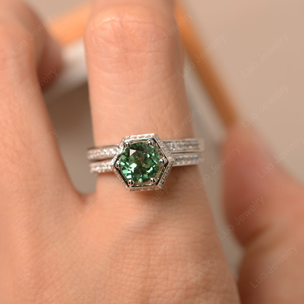 Green Sapphire Bridal Set Hexagon Engagement Ring - LUO Jewelry