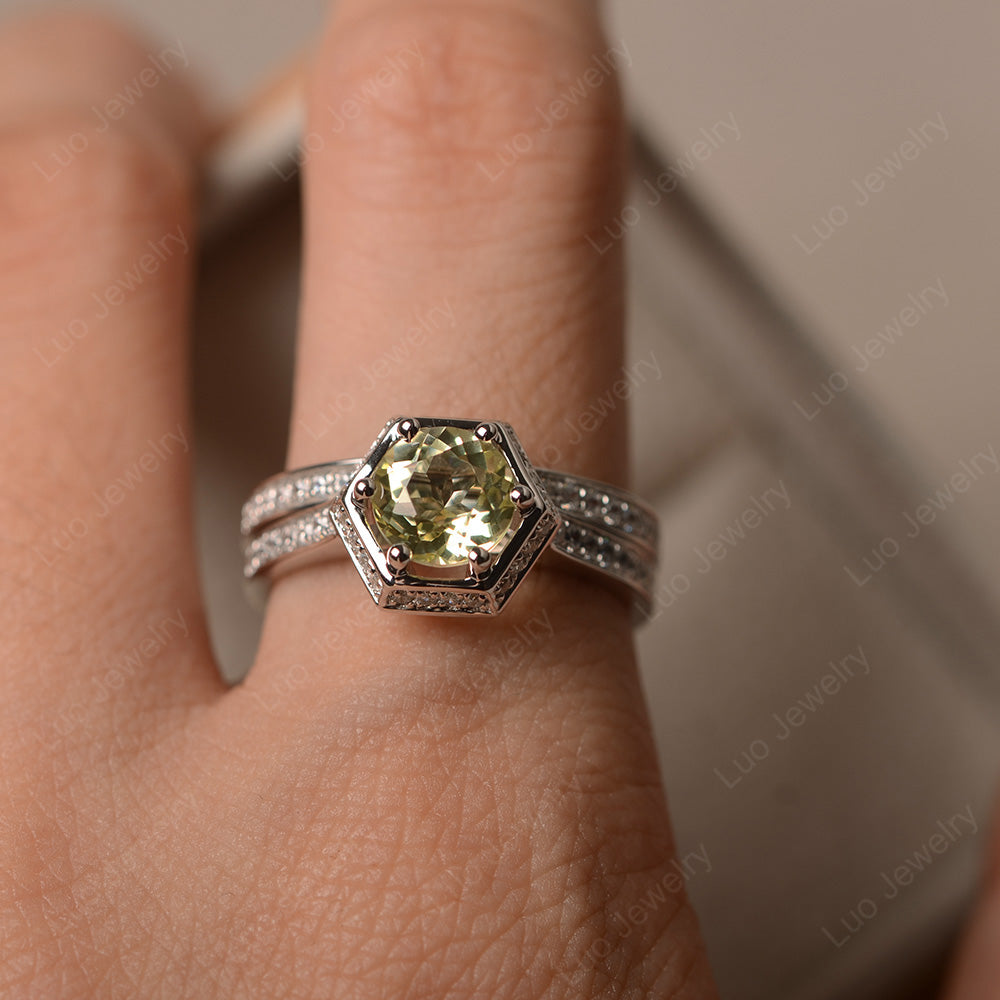 Lemon Quartz Bridal Set Hexagon Engagement Ring - LUO Jewelry