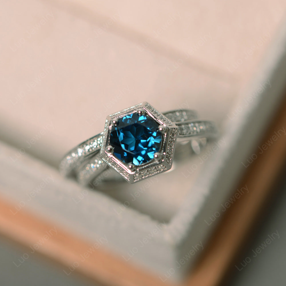 London Blue Topaz Bridal Set Hexagon Engagement Ring - LUO Jewelry