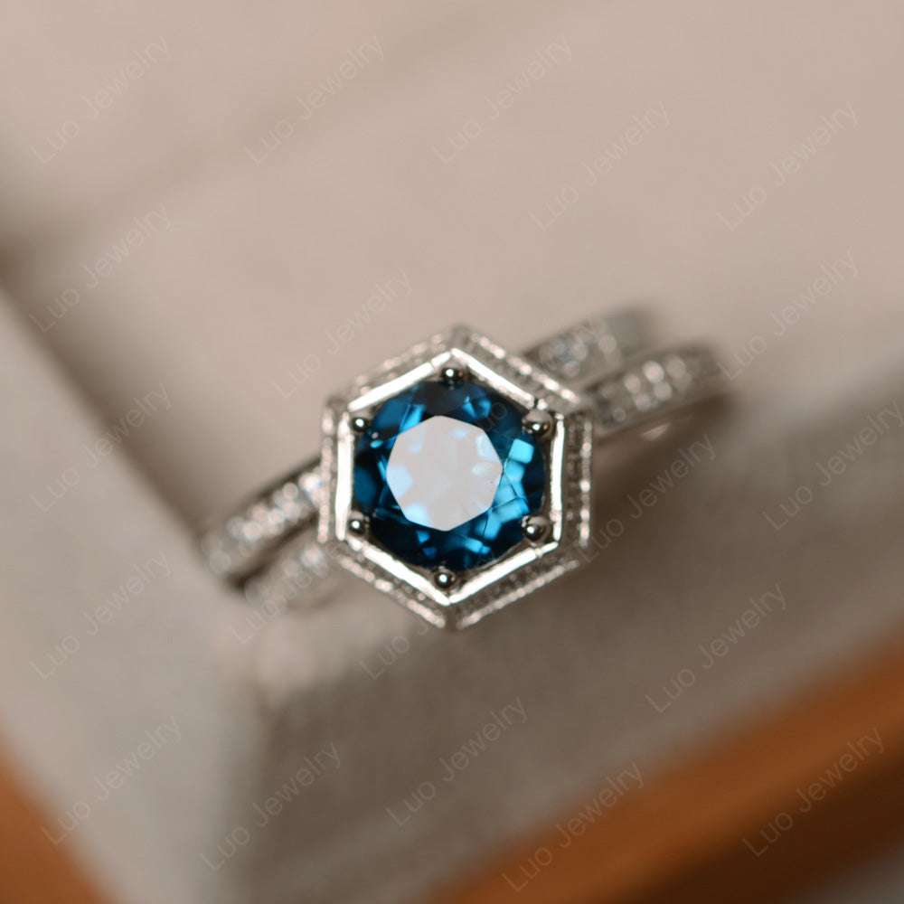London Blue Topaz Bridal Set Hexagon Engagement Ring - LUO Jewelry