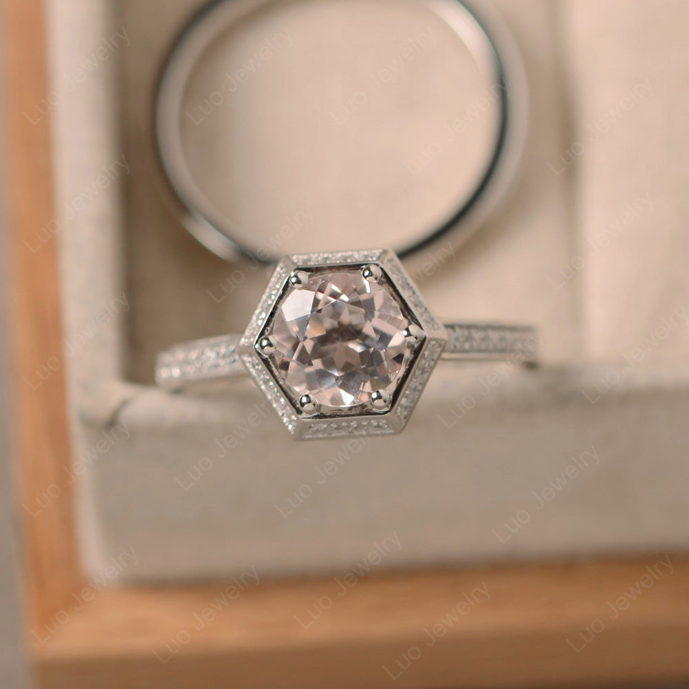 Morganite Bridal Set Hexagon Engagement Ring - LUO Jewelry