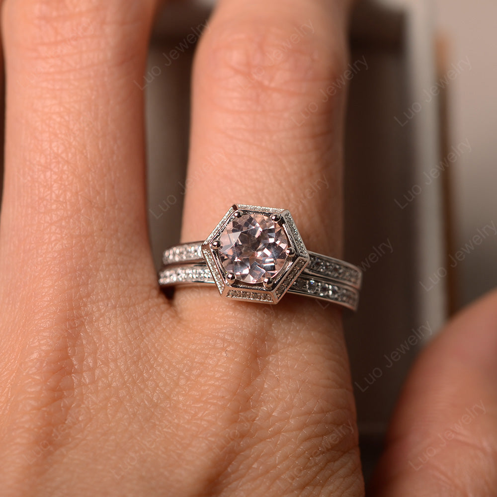 Morganite Bridal Set Hexagon Engagement Ring - LUO Jewelry