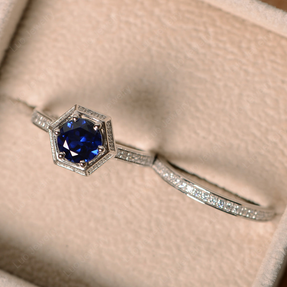Lab Sapphire Bridal Set Hexagon Engagement Ring - LUO Jewelry