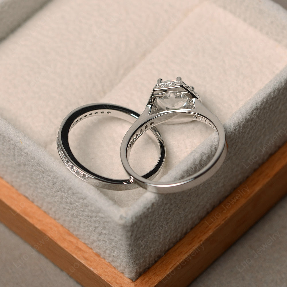 White Topaz Bridal Set Hexagon Engagement Ring - LUO Jewelry