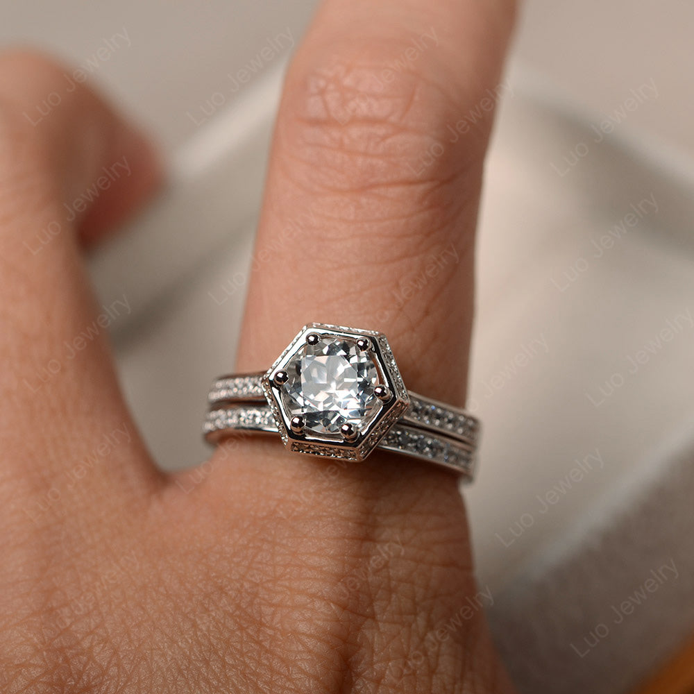 White Topaz Bridal Set Hexagon Engagement Ring - LUO Jewelry